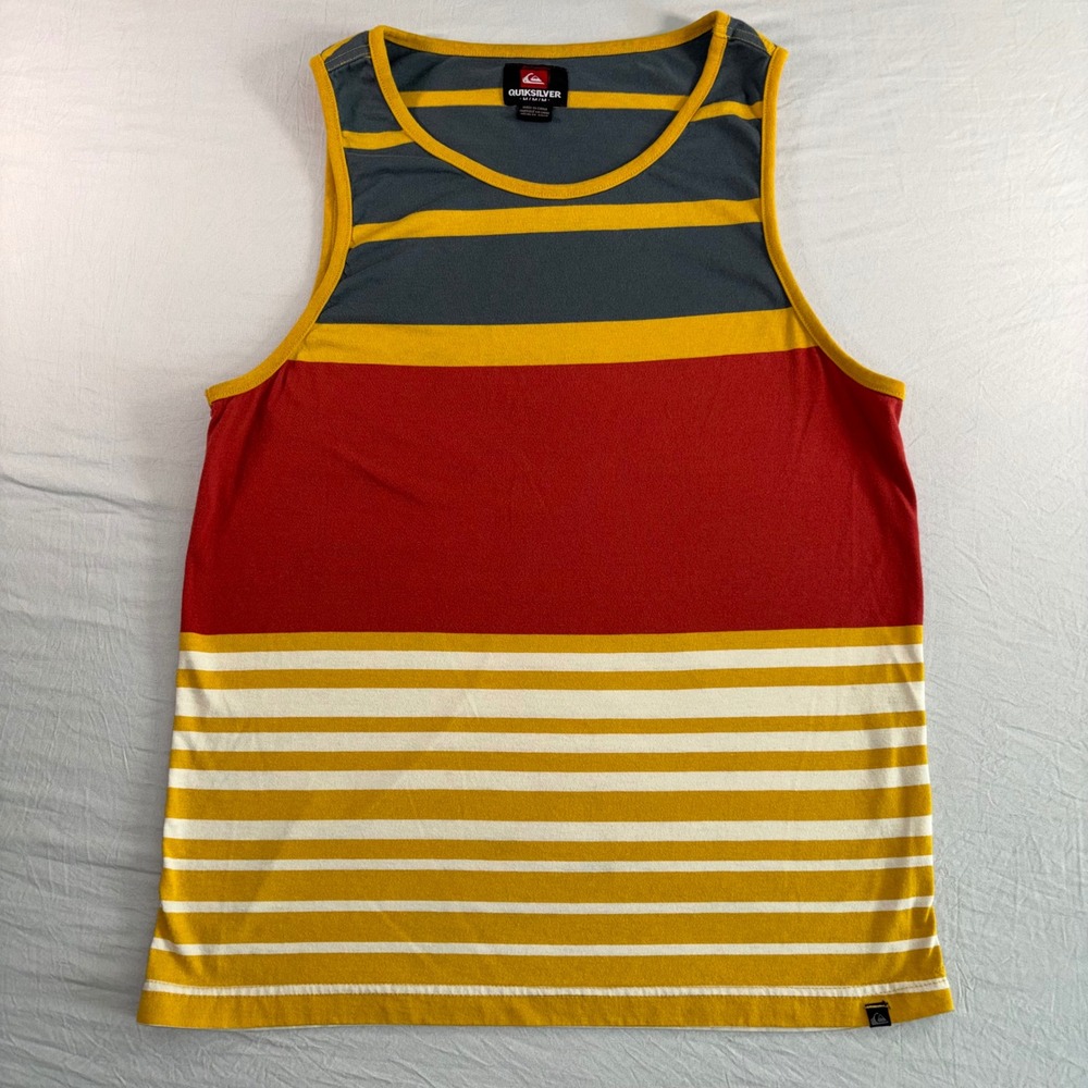 Quiksilver Mens Striped Tank Top Medium Red Yellow Grey Colorblock Surf Shirt